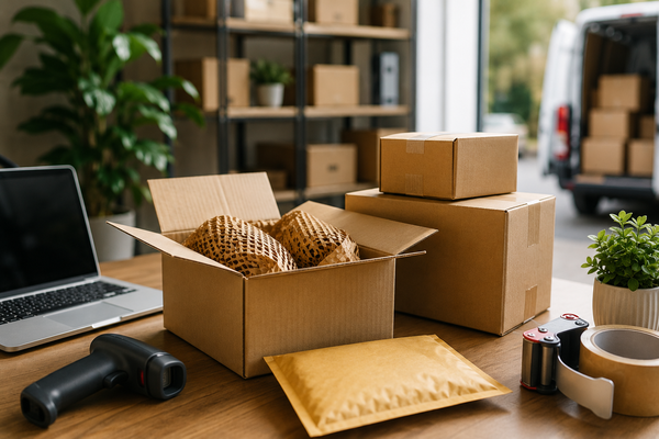 Inpakstation met verzenddozen, verpakkingsmateriaal en webshopbestellingen klaar voor verzending